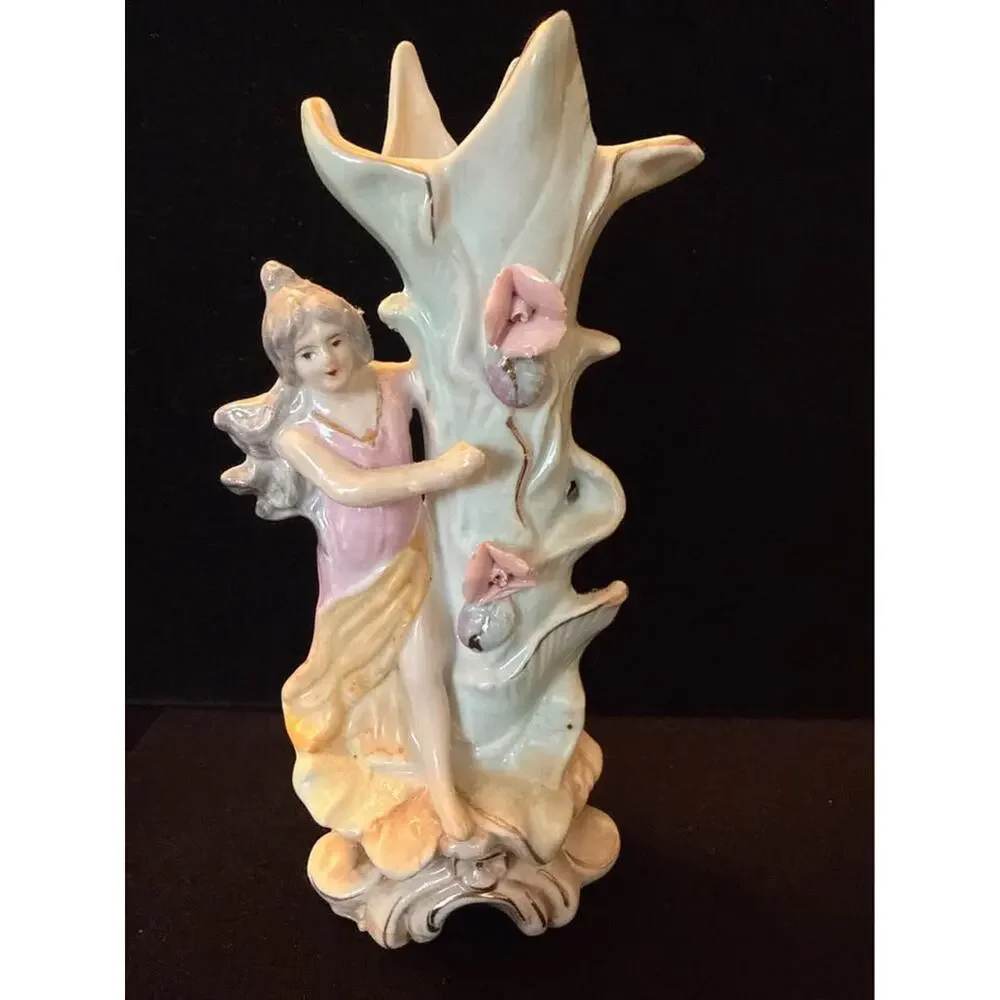 Vintage Fairy Porcelain Bud Vase – Pastel Figurine with Applied Flowers – 1960s